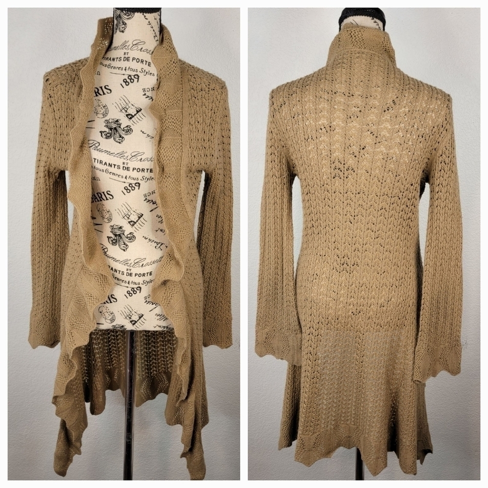 Elizabeth Gillett Sz S Crochet Open Cardigan Duster Flared Sleeves Brown
